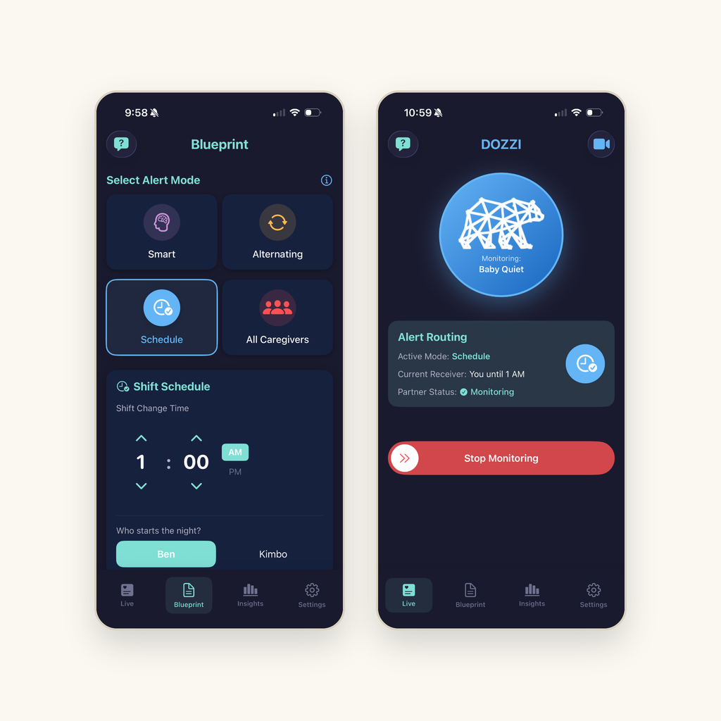 The Dozzi iPhone app: the Blueprint screen for choosing an alert mode and shift schedule, and the Live screen showing which parent is on duty