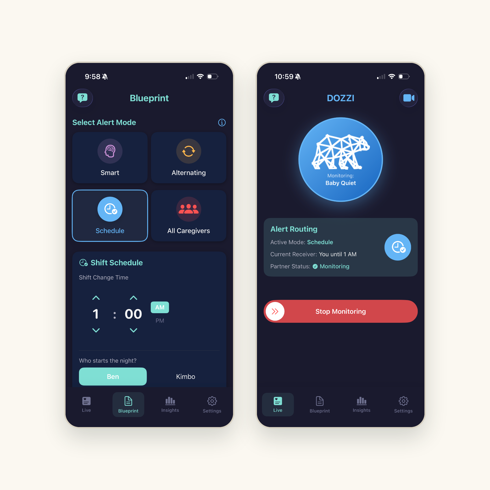 The Dozzi iPhone app: the Blueprint screen for choosing an alert mode and shift schedule, and the Live screen showing which parent is on duty