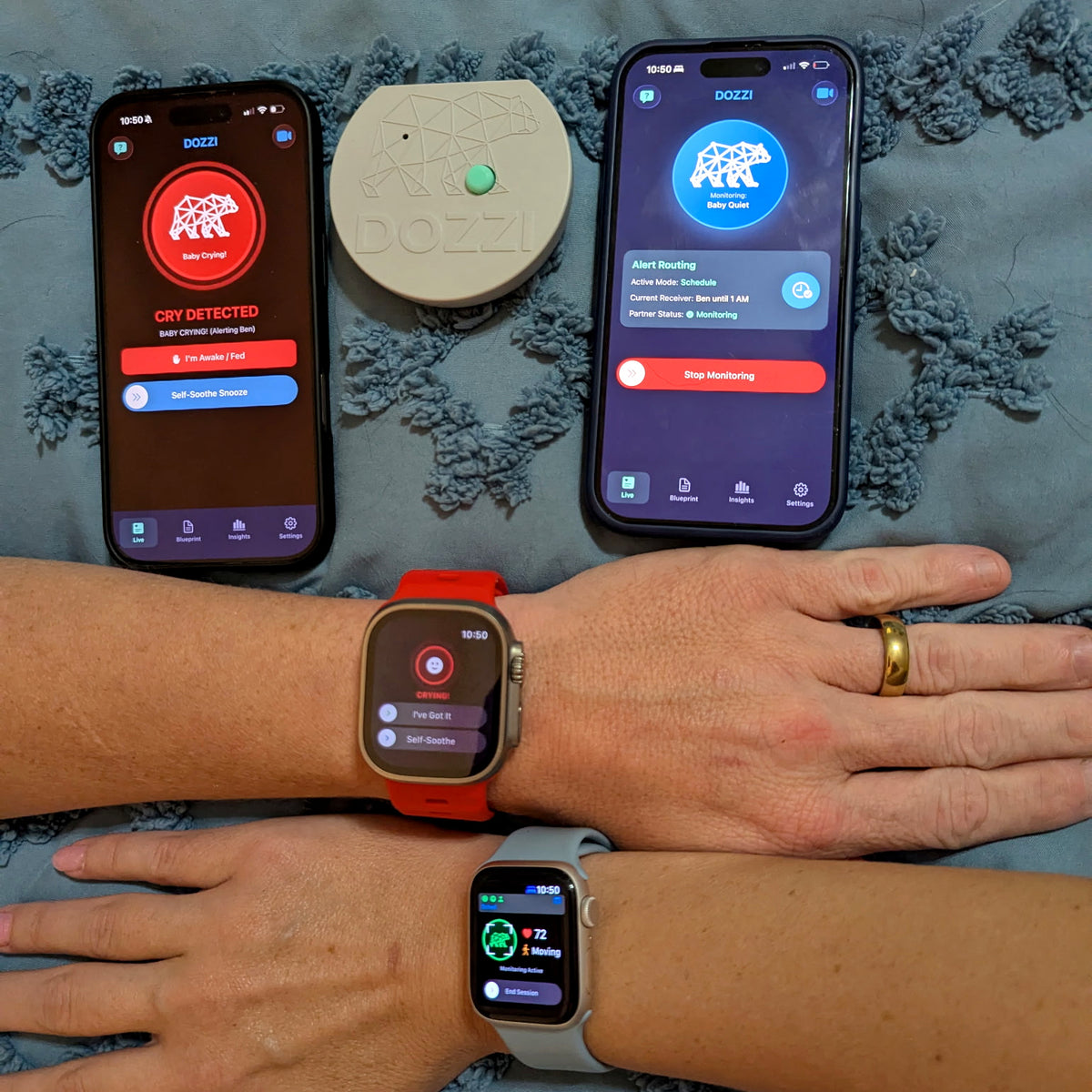 Two parents' iPhones and Apple Watches on the bed beside the Dozzi Base: one phone shows a cry alert routed to Ben while the other stays quiet, and each watch shows the matching alert or monitoring screen.