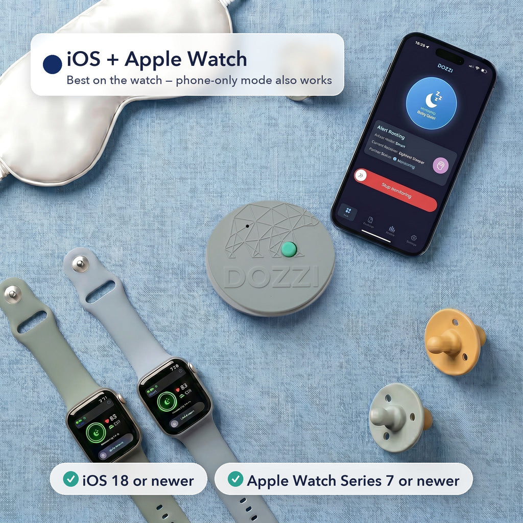 Flat lay of the Dozzi Base with two Apple Watches and an iPhone running the Dozzi app