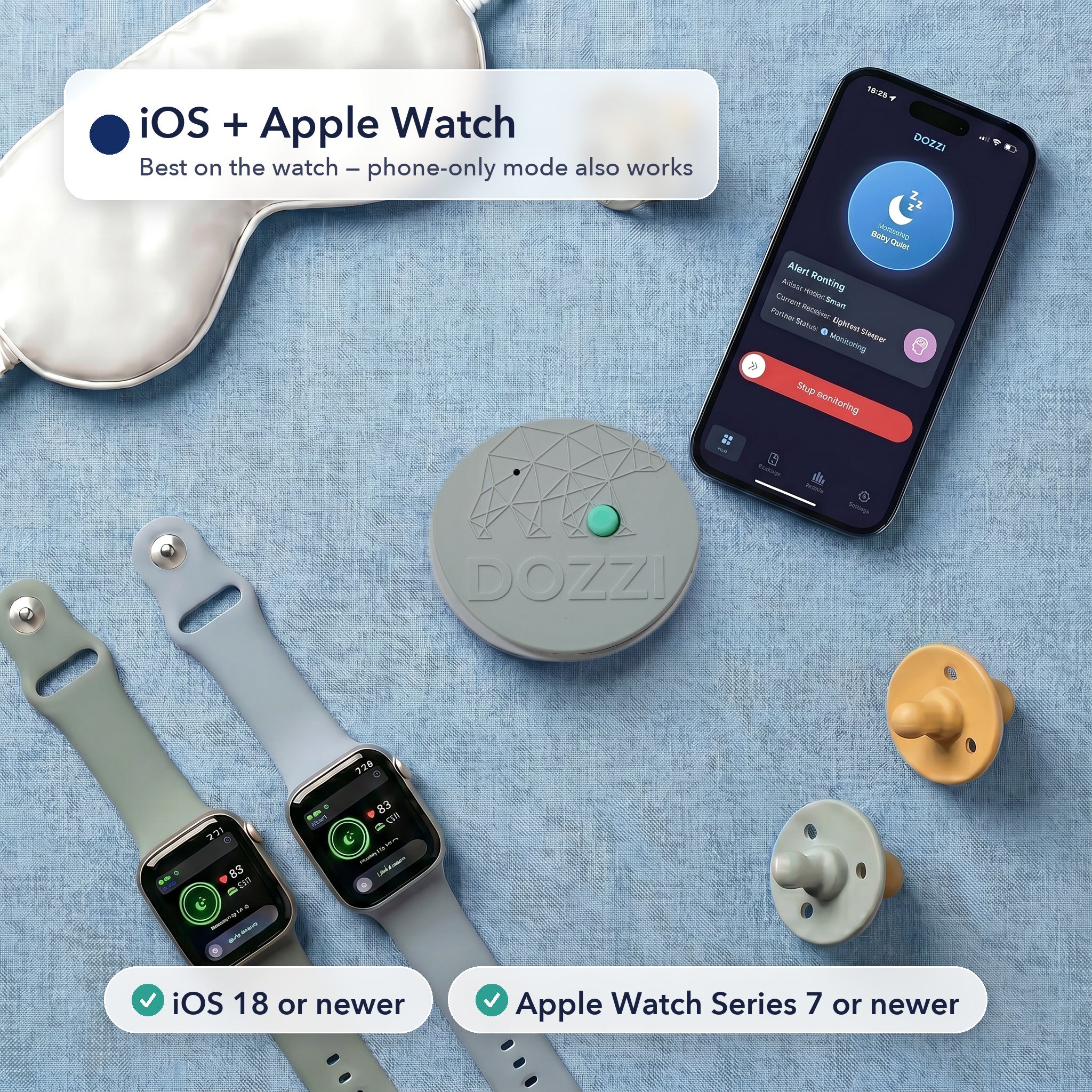 Flat lay of the Dozzi Base with two Apple Watches and an iPhone running the Dozzi app