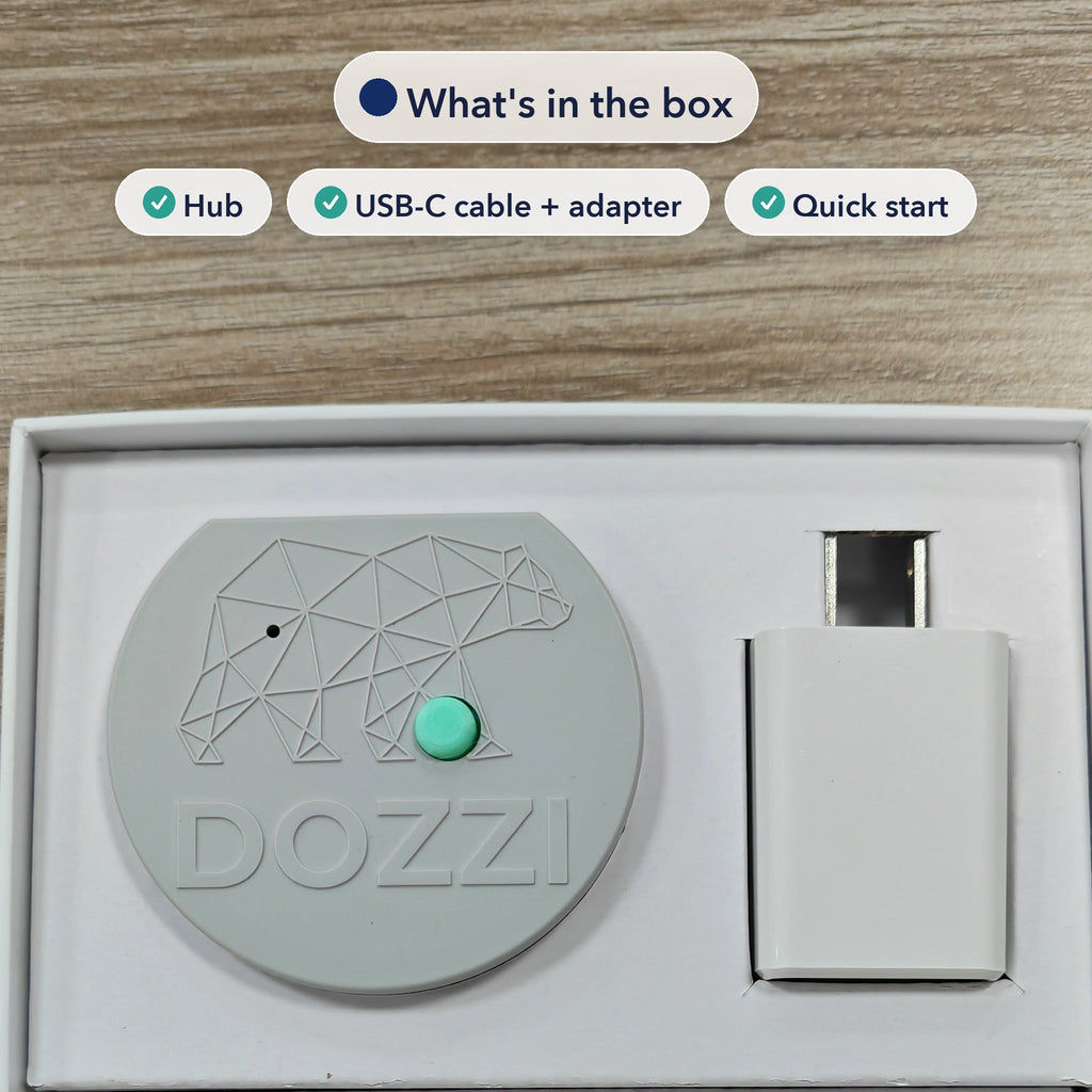 The Dozzi Base and its USB power adapter seated in the retail box tray